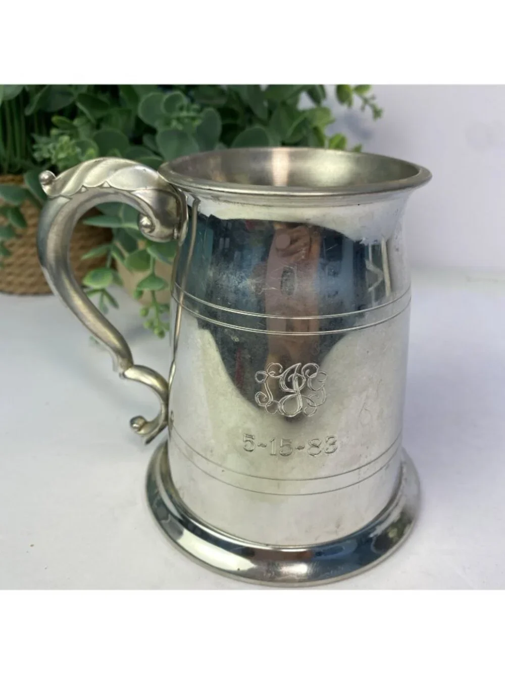 Set Of 5 Vintage Sheffield English Pewter Glass Bottom Tankard Mugs Monogrammed